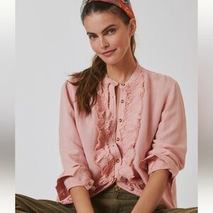Anthropologie Pilcro Ruffled Button Down Shirt, Pink-Peach, Size XS